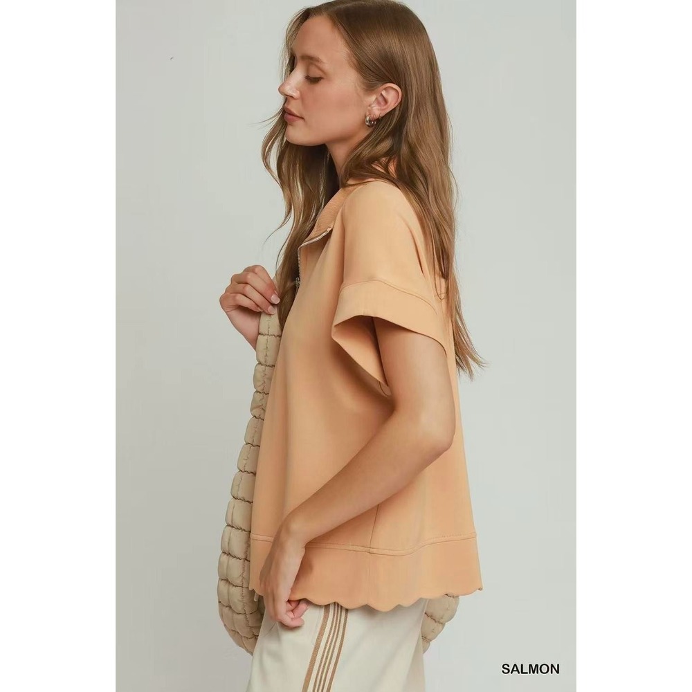 Umgee Half Zip Pullover with Scalloped Edge Hem - Medium - Picture 2 of 5